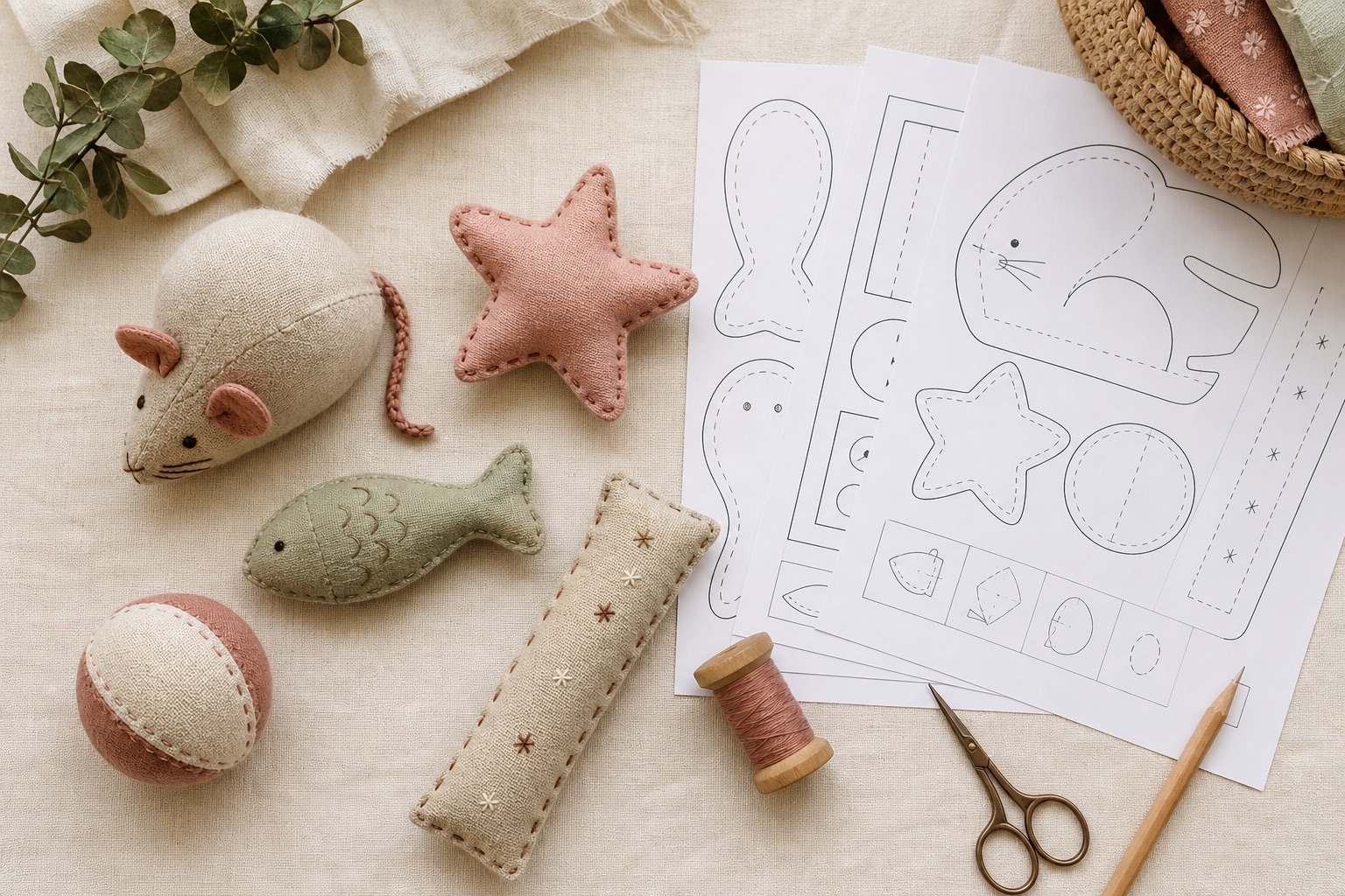 Handmade fabric mouse, fish, star, ball and kicker cat toys beside printable pattern sheets